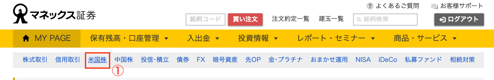 マネックス証券の上部メニューで米国株を選ぶ画面