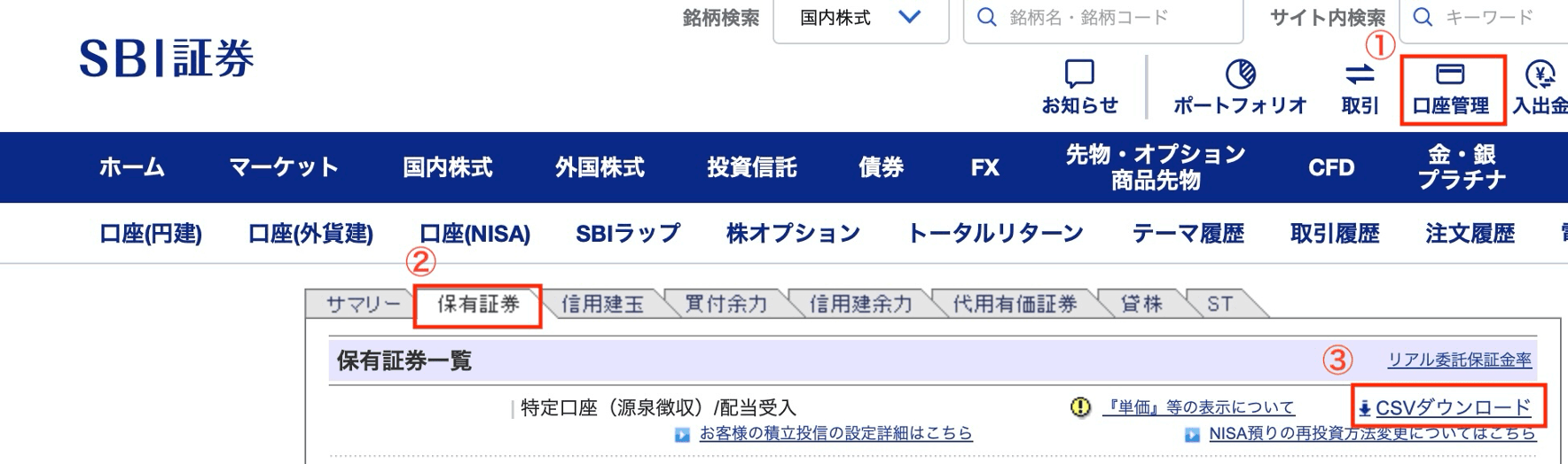 SBI証券の口座管理から保有証券を開きCSVダウンロードを選ぶ画面