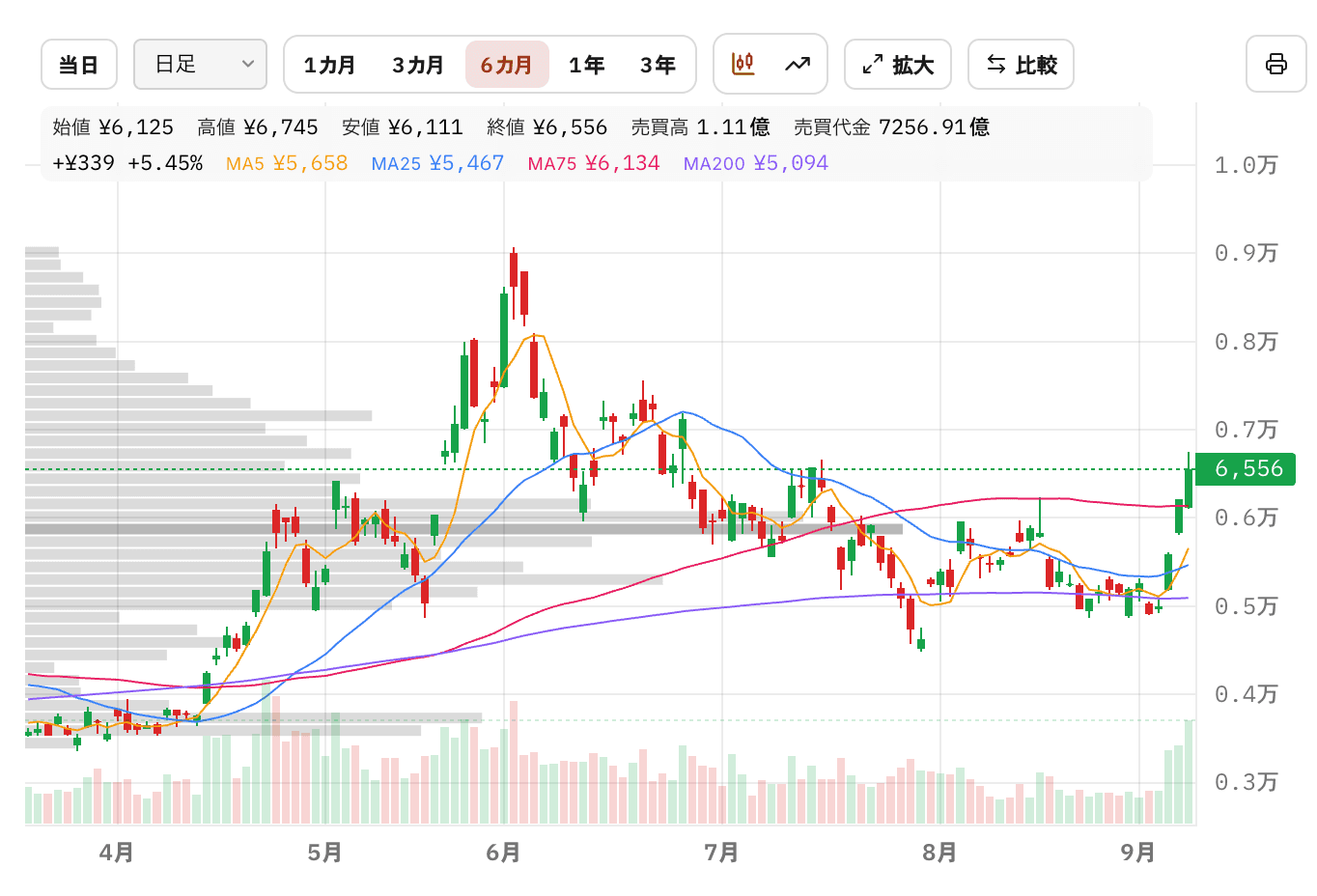 6か月のローソク足チャート。移動平均線・価格帯別出来高・日々の出来高をまとめて表示