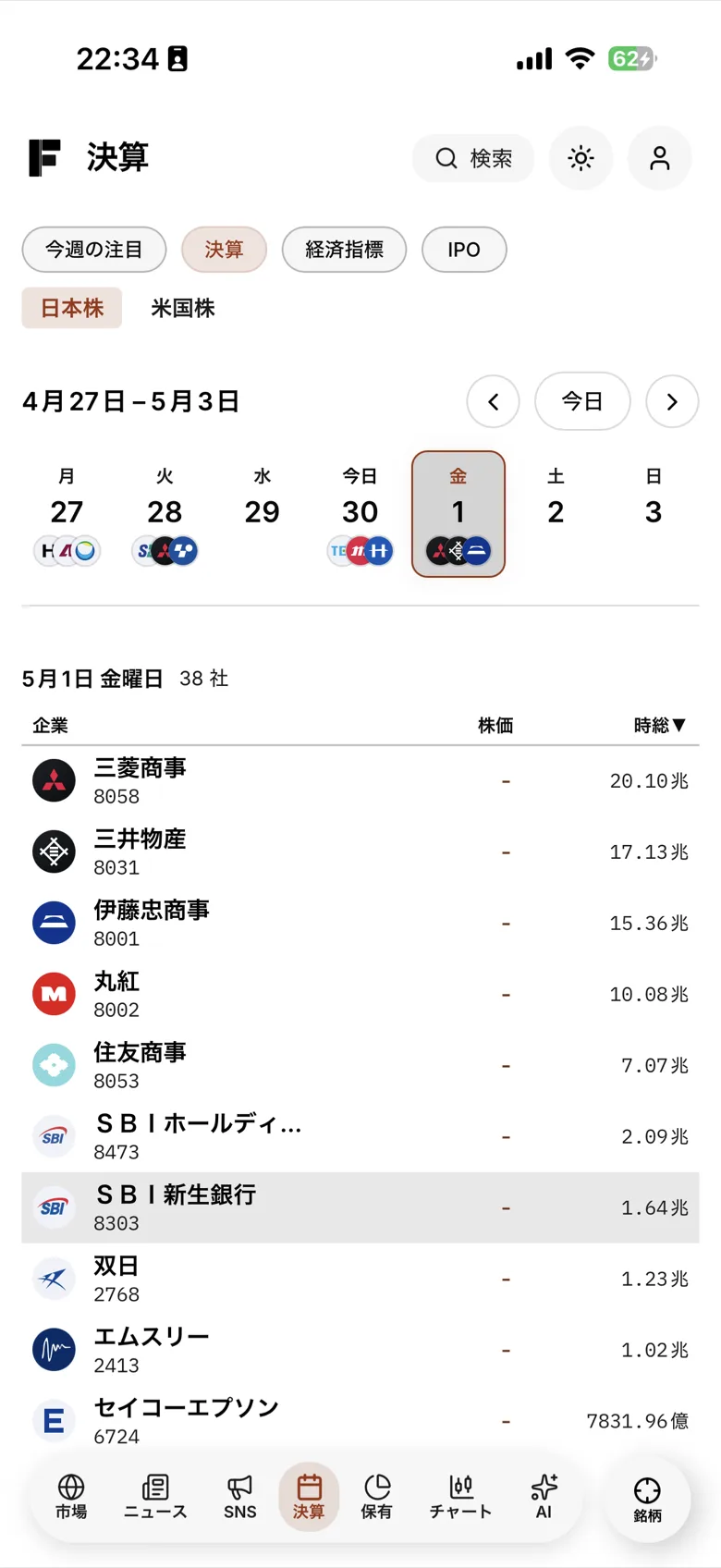 IFAIの決算カレンダー画面。決算・経済指標・IPOの予定を週単位で表示