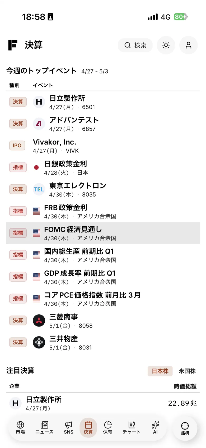 IFAIの今週の注目イベント画面。決算・経済指標・IPOなどの予定を一覧表示
